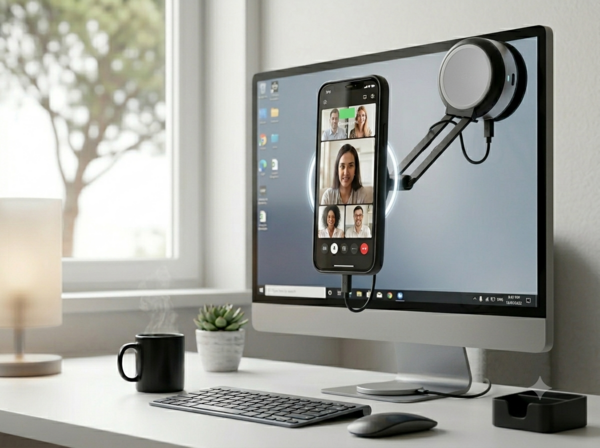 SkyGrip su scrivania per videochiamate